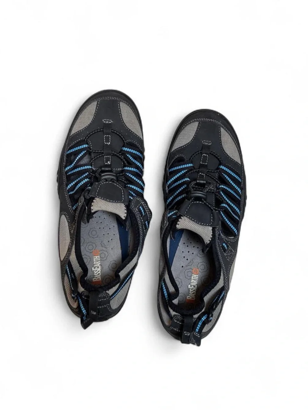 Bass Earth Sport Sandals Water Shoes Black Blue Bungee Strap Size 11/12
